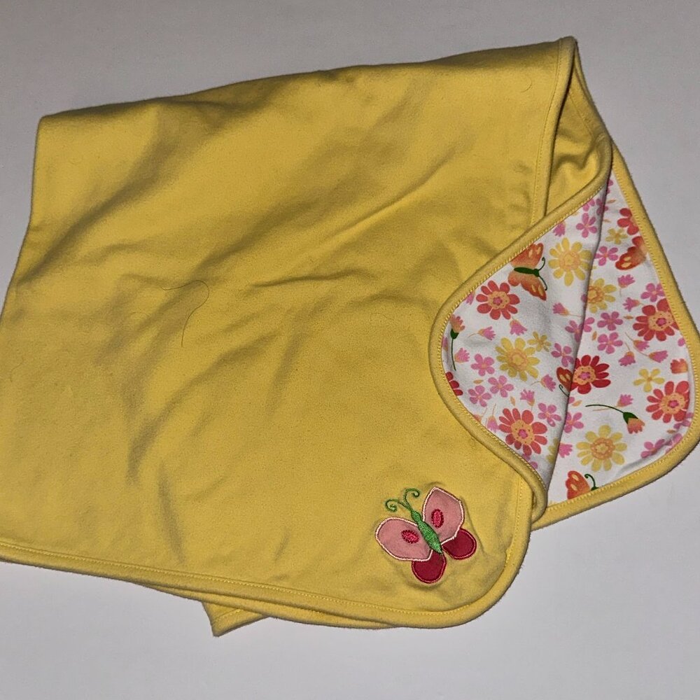 Yellow double thick Baby Blanket Butterfly Flowers Girl Nursery 28" x 28" VTG?